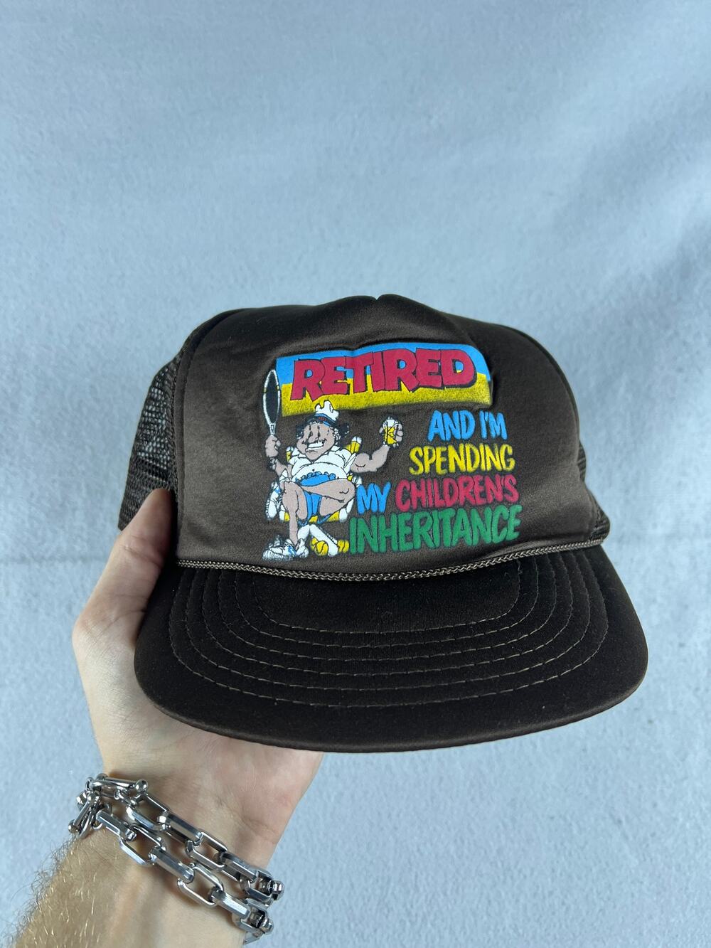 KC Hat Men OSFA Brown Trucker Mesh Snapback Retired Tennis Drinks Funny Humor